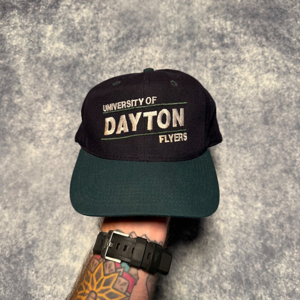 Vintage 90s University Square Dayton Flyers Snapback Hat Navy Green USA Made Cap